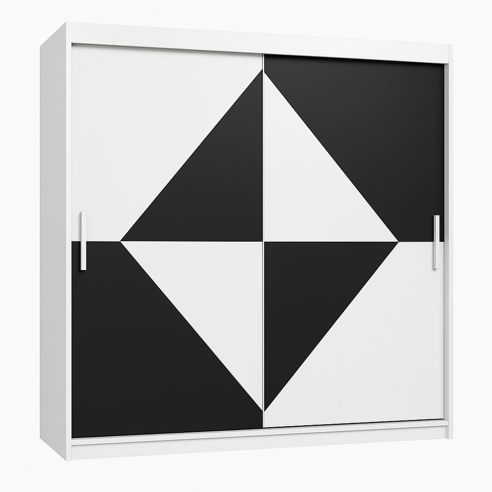 Armario Ropero Moderno de Dos Puertas Deslizantes en Blanco y Negro,Diseño Geométrico,Madera MDF,Acabado Mate,Ideal para Dormitorios y Salas